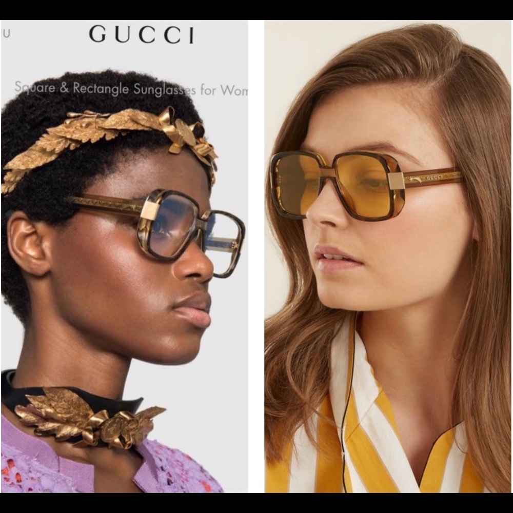 UNISEX GUCCI SQUARE HAVANA AND GOLD FALLING STAR ACCENTED FRAME SUNGLASSES - Picture 3 of 16